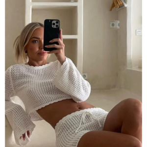 Want To Want Me Long Sleeve Crochet Shorts White02
