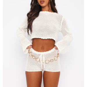 Want To Want Me Long Sleeve Crochet Shorts White